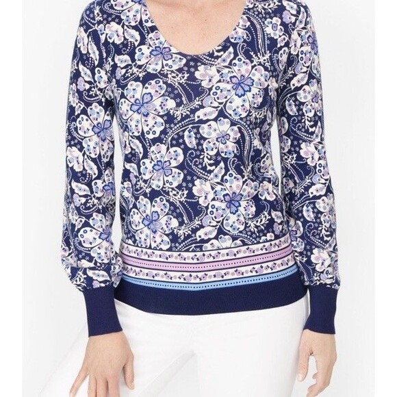 Talbots Bishop Sleeve Pullover Lightweight Cotton Blend V-Neck Floral Sweater L - Picture 1 of 7